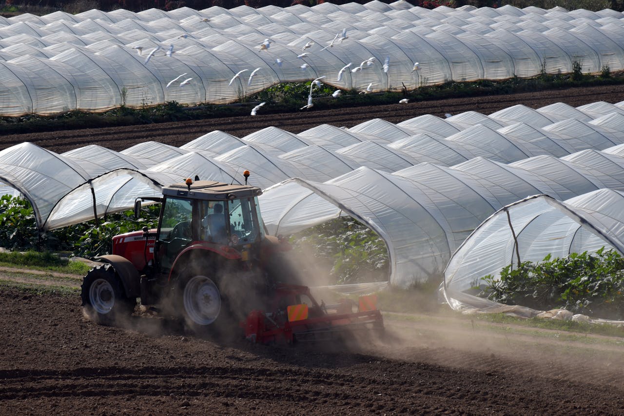 Home A tractor working near greenhouses on a rural farm, capturing modern agriculture in action.
